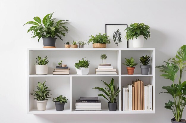 Étagère blanche avec des plantes et des dossiers sur le mur