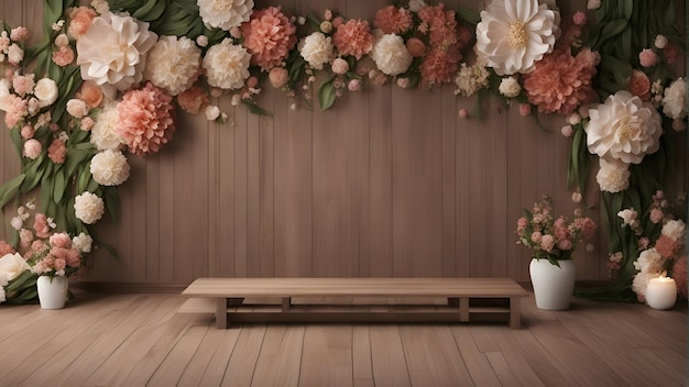 Étagère en bois avec fleurs sur fond de mur en bois rendu 3d