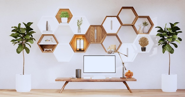 Étagère en bois hexagonale japonaise sur fond de mur rendu 3D