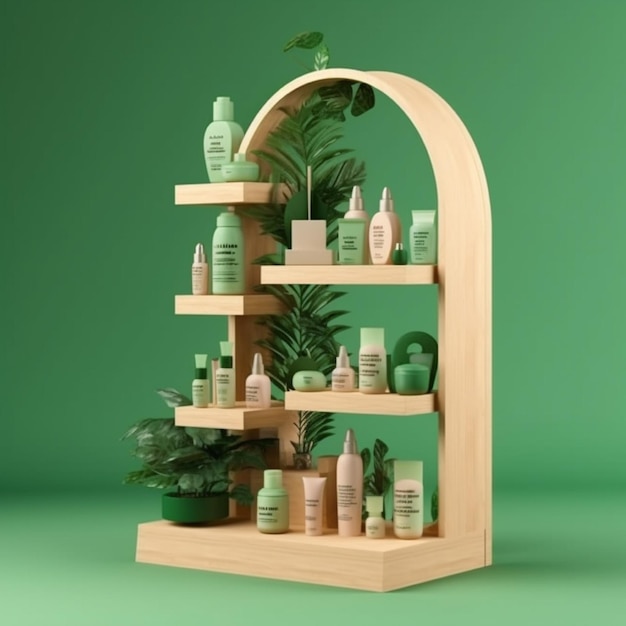 Étagère en bois avec produits cosmétiques et plantes tropicales sur fond vert