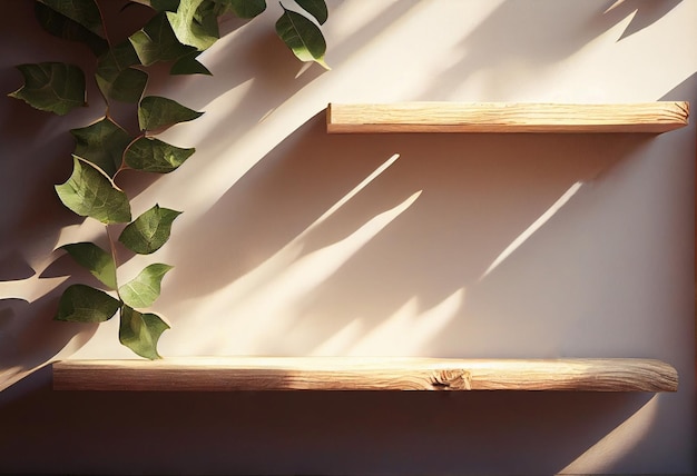 Étagère en bois vide sur fond de mur de baige avec des feuilles et des ombres générées par l'IA