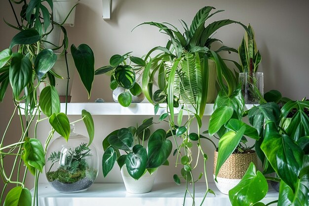 Étagère de bureau pour les amateurs de plantes avec des plantes d'intérieur et des terrariums