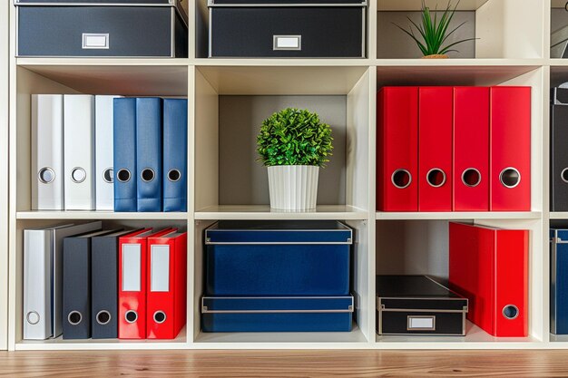 Étagère contenant des boîtes de stockage décoratives avec des articles de bureau essentiels