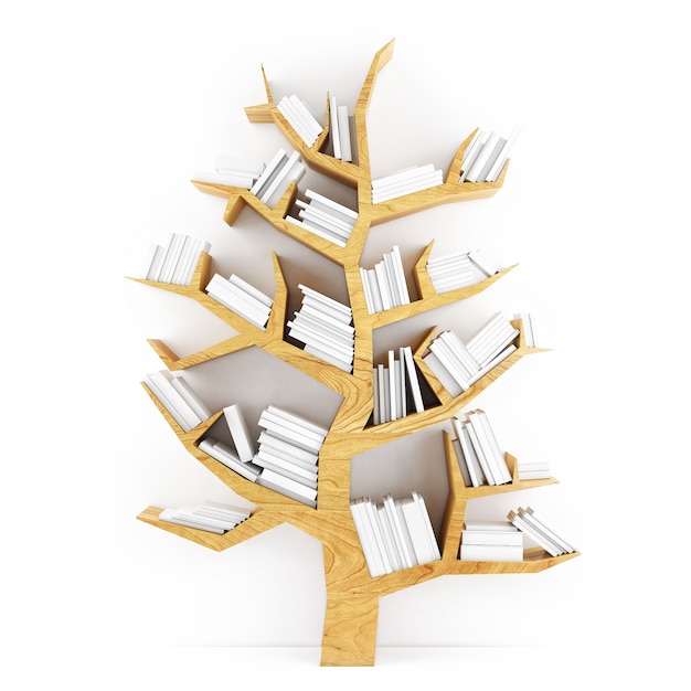 Étagère en forme d'arbre avec des livres blancs