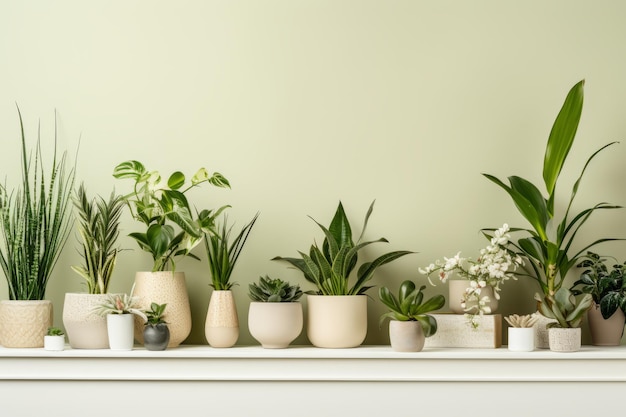 Étagère avec un groupe de plantes d'intérieur sur un mur lumineux Composition minimale IA générative