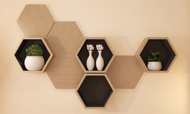 Étagère hexagonale en bois, design japonais sur mur, rendu 3D