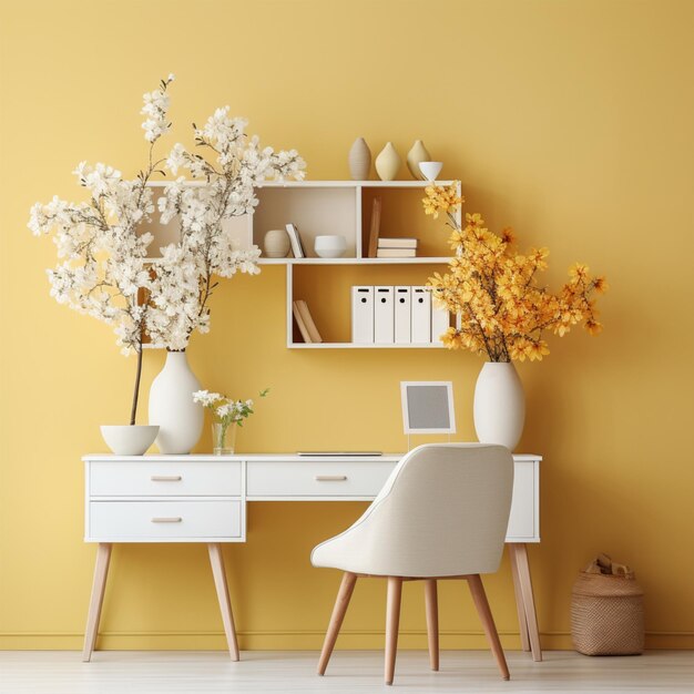 Étagère intérieure de bureau confortable et fleurs printanières près d'un mur lumineux