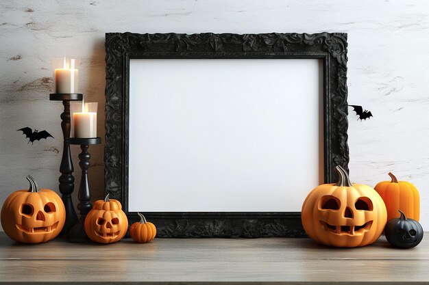 Étagère de maquette d'Halloween avec cadre vide et décorations de vacances Cadre noir avec décor de citrouille et espace de copie de bougies Image générée par l'IA