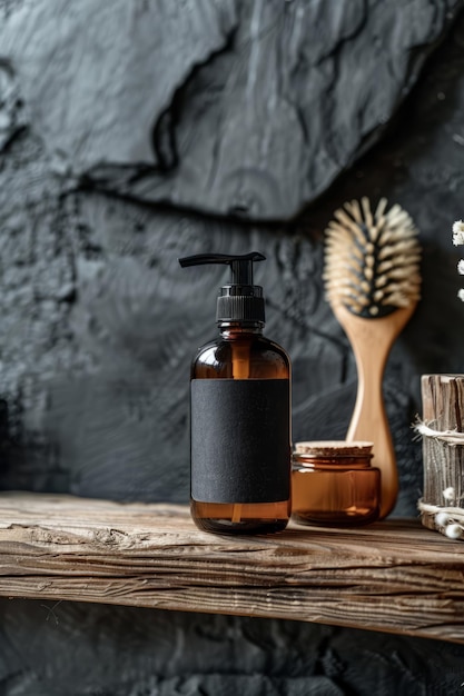 Étagère en pierre noire à fond mat avec une bouteille de shampooing en verre ambre et une brosse à cheveux noire