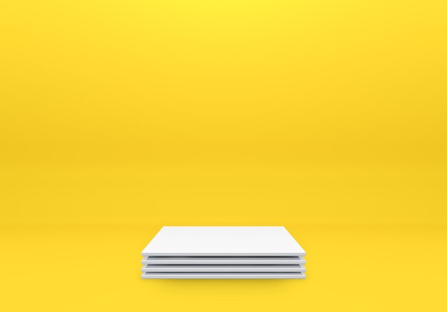 Étagère de podium blanc ou présentoir de piédestal vide sur fond jaune avec un style minimal. support vierge pour le placement de produit. Rendu 3D de photos premium