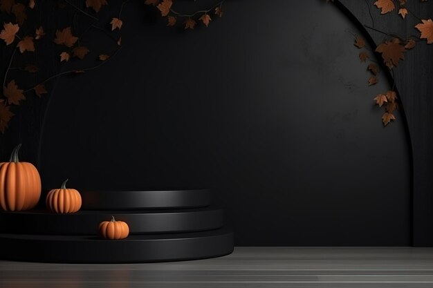Étagère de podium noire ou présentoir vide avec citrouilles, araignées, chauves-souris sur fond sombre d'Halloween Support vierge pour montrer le produit Maquette de bannière Happy Halloween rendu 3D