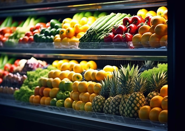 Étagère réfrigérée avec divers fruits biologiques frais mûrs dans le supermarchéAI Generative