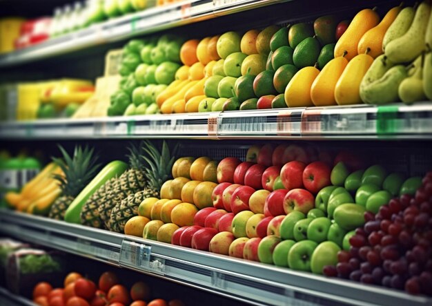 Étagère réfrigérée avec divers fruits biologiques frais mûrs dans le supermarchéAI Generative