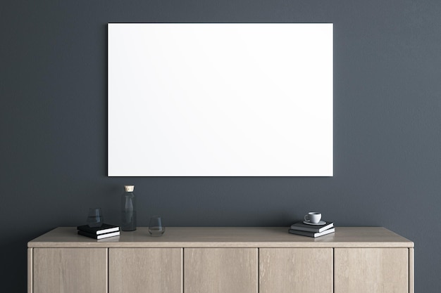 Étagère de télévision en bois moderne avec des objets et une affiche maquette blanche vide sur fond de mur sombre Design d'intérieur et salon avec place pour le concept de publicité Rendu 3D