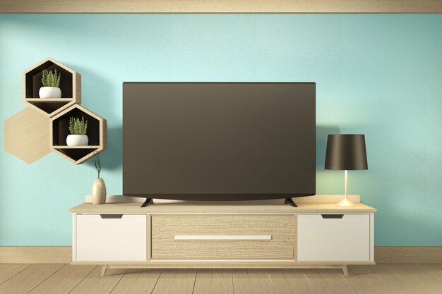 Étagère de télévision dans un style tropical moderne de la salle de la menthe - intérieur de la salle vide - design minimal. Rendu 3D