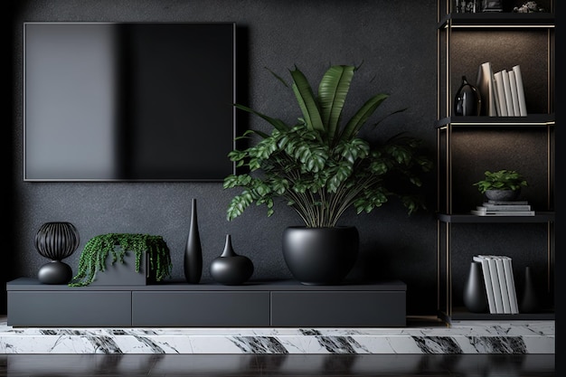 Étagère TV avec plante sur mur en marbre noir dans un salon contemporain