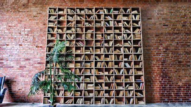 Étagères de la bibliothèque avec un mur de briques rouges