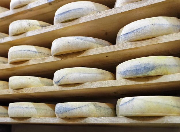 Étagères de fromage vieillissant sur des étagères en bois dans la cave d'affinage de la laiterie de Franche Comté, en France