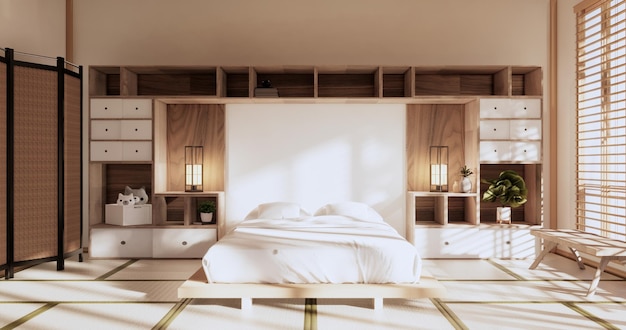 Étagères murales en boîte sur la chambre à coucher tatami de style japonais et lampe de décoration et plantes sur le rendu 3D de la chambre zen blanche