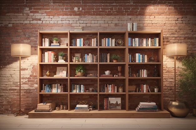 Étagères photo avec livres et objets décoratifs sur fond de mur de briques