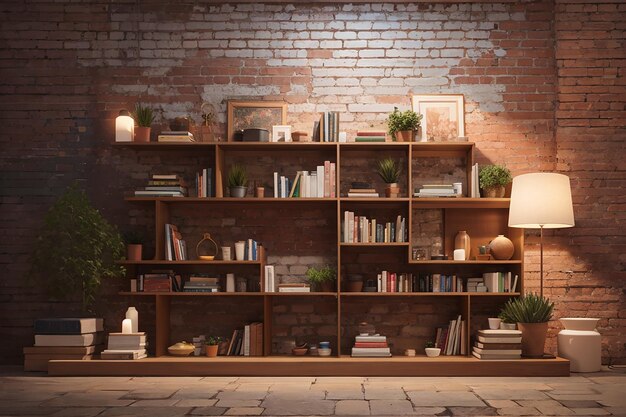 Étagères photo avec livres et objets décoratifs sur fond de mur de briques