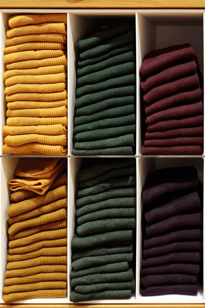 Étagères avec des pulls uniformément pliés de différentes couleurs.