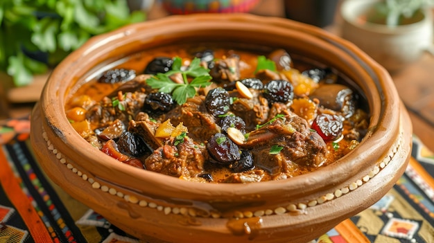 Tagine d'agneau traditionnel marocain avec des fruits secs et des amandes servi dans une casserole d'argile sur un ethnique