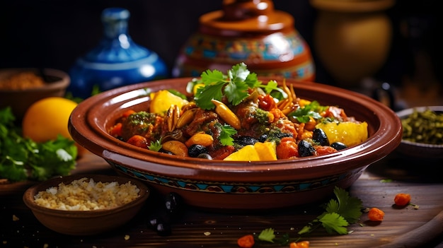 Photo tagine marocaine avec viande succulente et épices parfumées