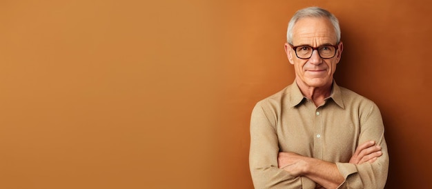 Taille portrait d'un homme âgé dans des verres bras croisés regardant la caméra sur fond beige