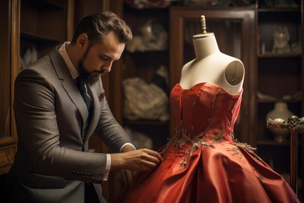 Photo un tailleur ajustant une forme de robe avec un costume à moitié fait