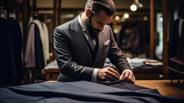 Un tailleur de costumes pour hommes faisant des ajustements à un costume ou à un manteau pour hommes. Monsieur bien habillé d'un costume sur mesure boutique de vêtements formels sur mesure