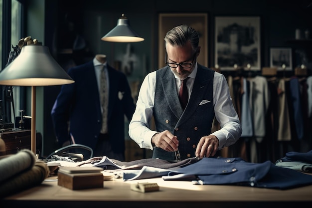 Un tailleur masculin travaillant sur un costume ou un pantalon Bien s'habiller illustration AI générative