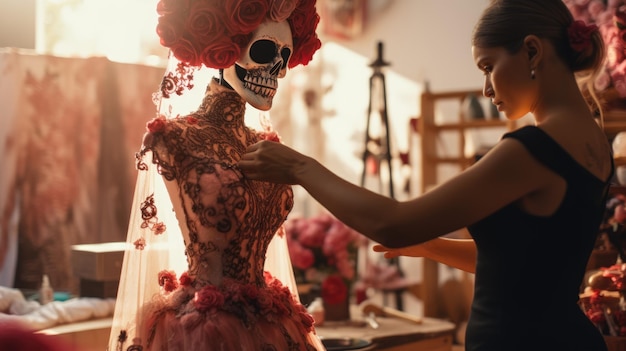 Une tailleuse coud une robe pour la fête mexicaine du Jour des Morts Santa Muerte AI