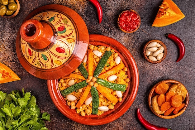 Photo tajine de légumes au couscous d'amandes et de pois chiches