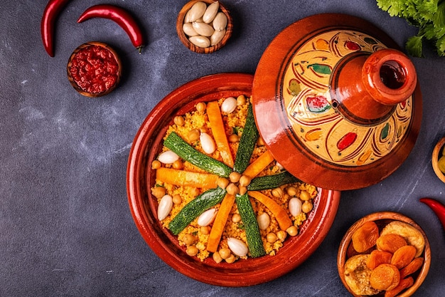 Tajine de légumes au couscous d'amandes et de pois chiches