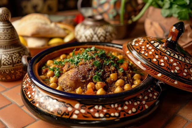 Tajine marocain traditionnel aux pois chiches et légumes