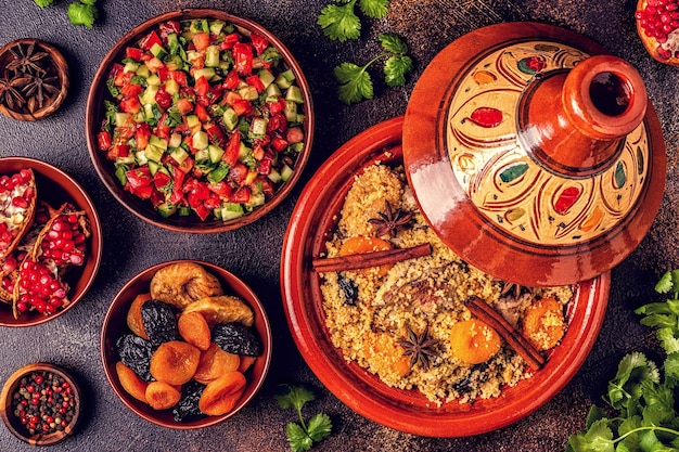 Tajine marocain traditionnel de poulet aux fruits secs et épices