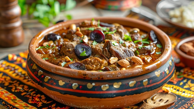 Tajine traditionnel marocain avec du bœuf tendre, des prunes, des amandes et du sésame sur une nappe de table ethnique