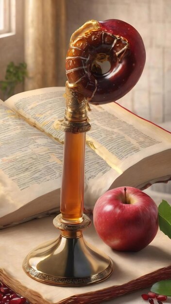 Photo tallit chofar corne pomme miel grenade dates et torah rosh hashanah concept de fête juive