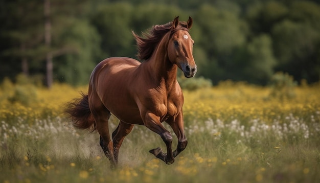 Étalon pur-sang en cours d'exécution dans les pâturages de prairie verte généré par l'IA