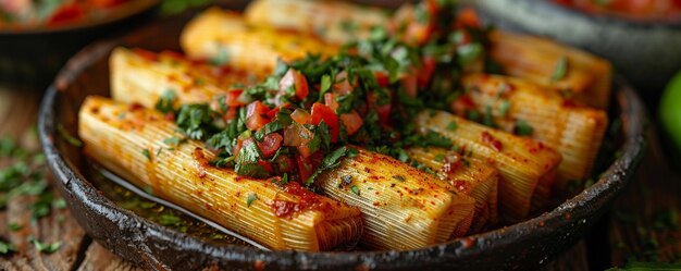 Des tamales authentiques enveloppés dans des coquilles de maïs remplies d'arrière-plan