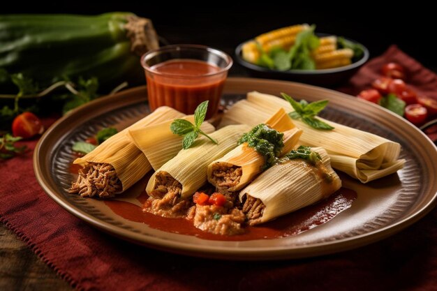 Tamales de bœuf avec sauce rouge et coquilles de maïs