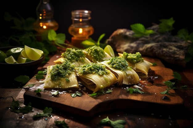 Tamales avec de la crème d'avocat et de la coriandre fraîche