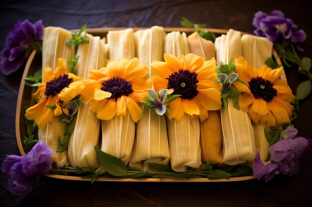 Des tamales disposées dans un motif décoratif sur une feuille de banane avec des fleurs comestibles