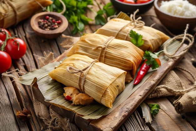 Photo tamales plat préhispanique typique du mexique et de certains pays d'amérique latine pâte de maïs enveloppée