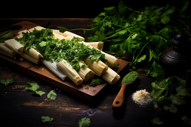 Les tamales surmontées de coriandre fraîche