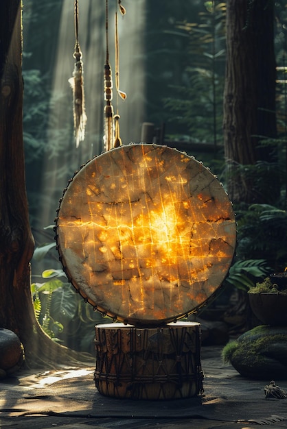 Le tambour chamanique prêt pour le voyage spirituel l'instrument s'efface dans les ombres