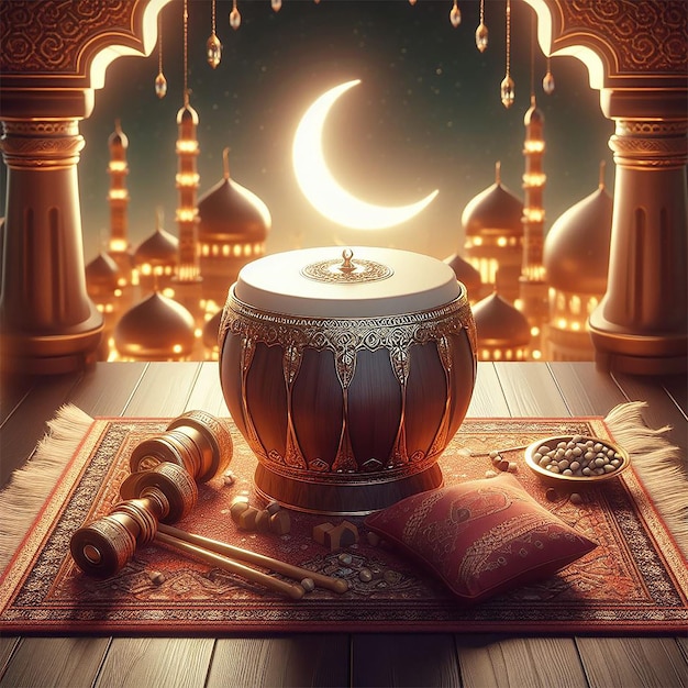 tambours du ramadan avec le croissant dans le ciel la nuit et la lanterne dans la salle des vibrations du ramadan