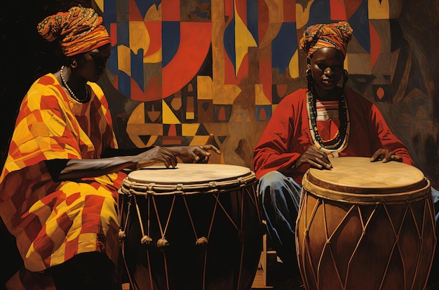 Photo des tambours sont assis à proximité. des hommes dans le style des motifs africains.