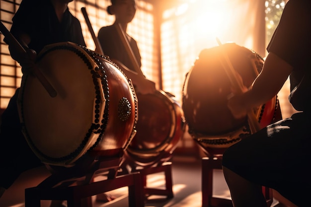 Tambours taiko sur scène performances de percussions japonaises traditionnelles AI générative